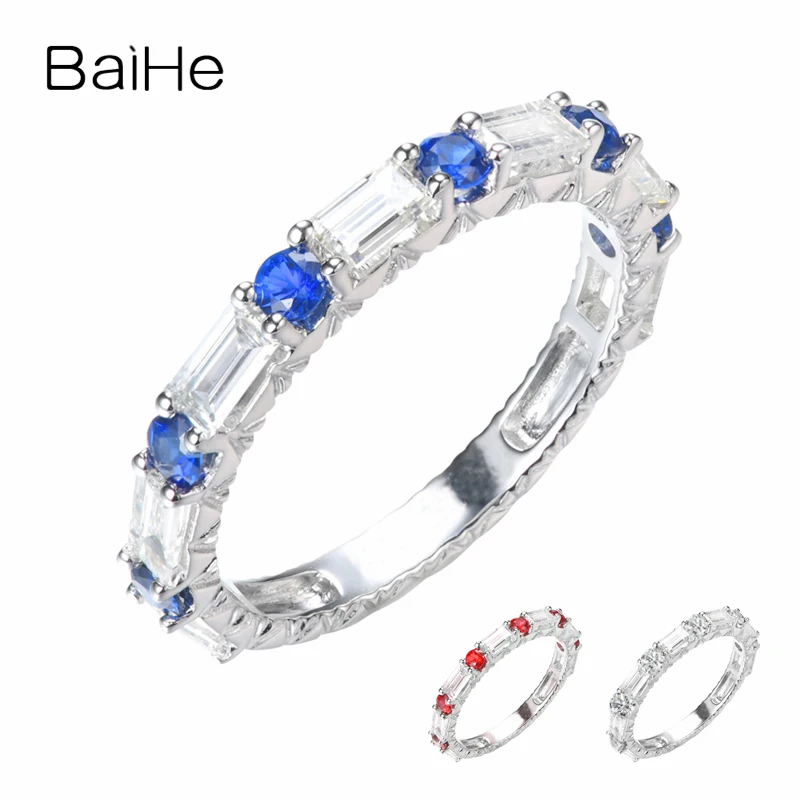 BAIHE Solid 14K White Gold 0.35-0.40CT Sapphirs/diamond/Rudy Ring Women Men Wedding Trendy Fine Jewelry Luxury Full Circle Inlay