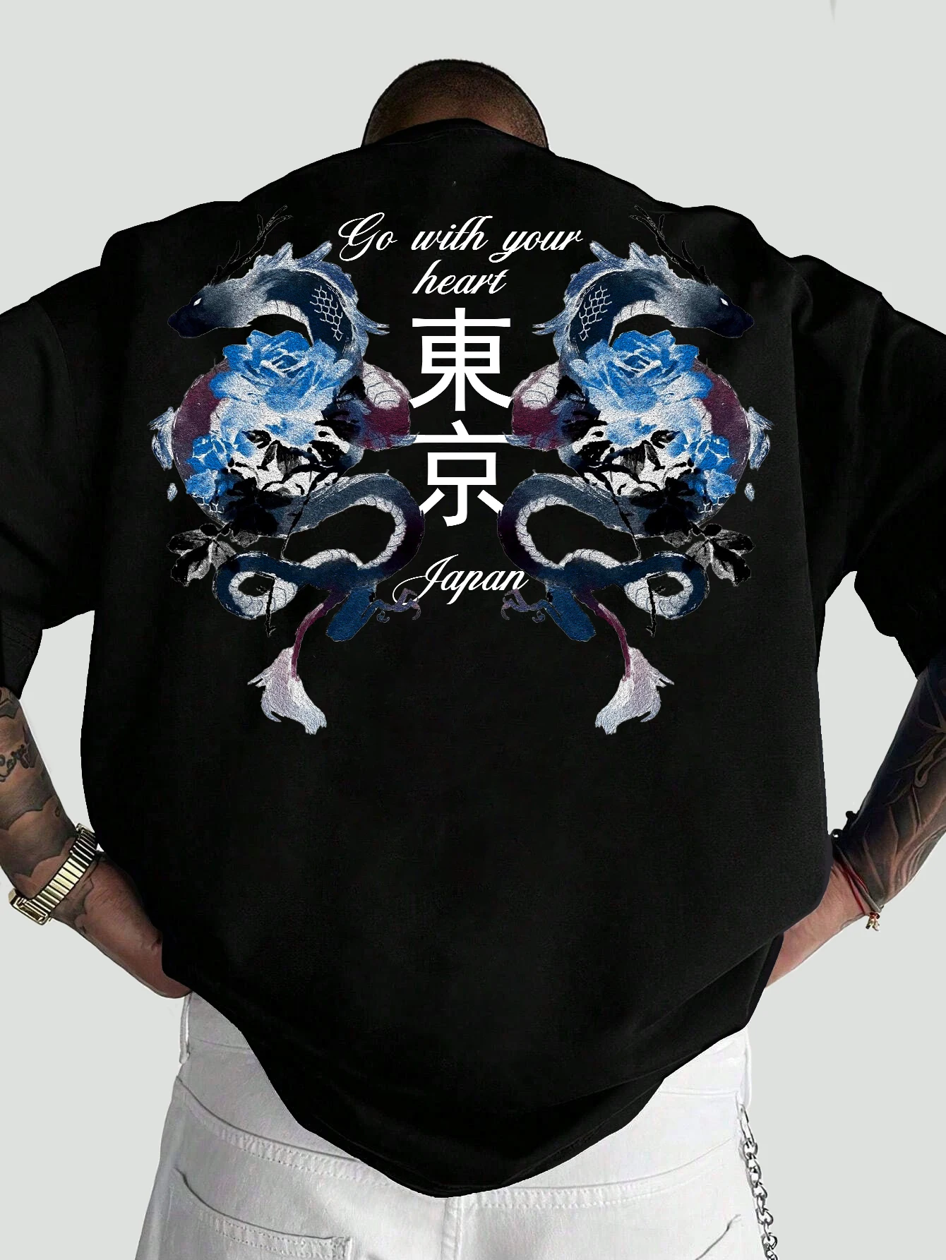 Men Oversized T-Shirt Twin Dragon Blue Rose Tokyo Japan Letter Go With Your Heart Quote Back Print Asian Streetwear Loose Tee