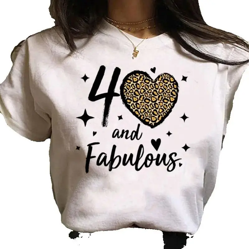 Fashionable 40-Letter Print Unisex Casual round Neck Short-Sleeved T-Shirt Aesthetic Top Summer fashion polyester fabric