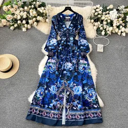 Gorgeous Blue Flower Holiday Beach Dress Women Clothing Runway V-Neck High Waist Lantern Sleeve Floral Print Boho Long Robes