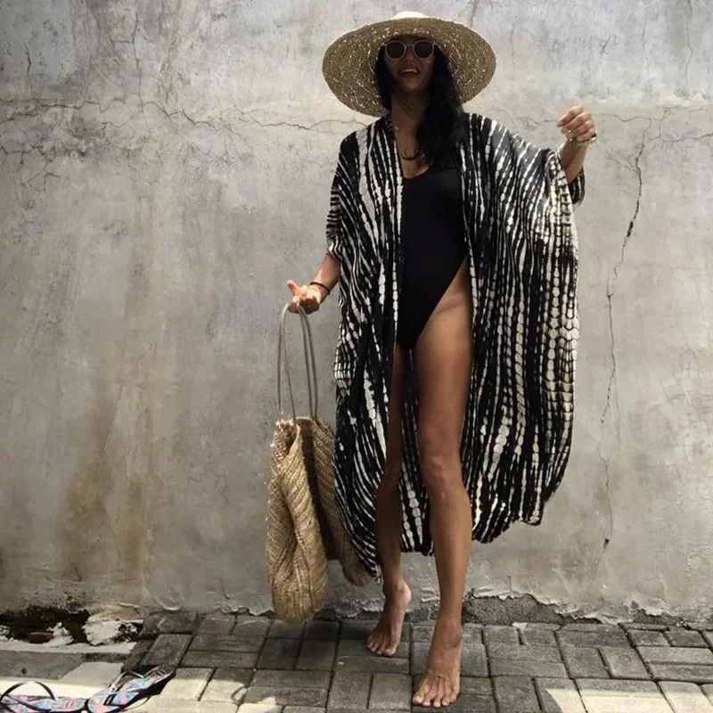 

Bikini Cover-ups Black Retro Striped Self Belted Women Summer Kimono Dress Beach Wear Swim Suit Cover Up Beach Dress Tunic Robe