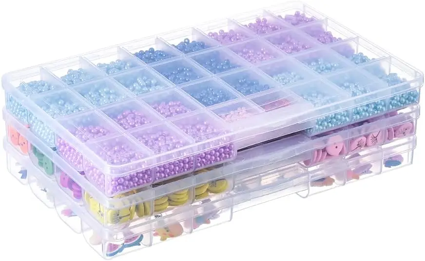 

3 Pack Clear Plastic Storage Box with 32 Fixed Grids for Beads, Jewelry, Craft Supplies, Small Parts