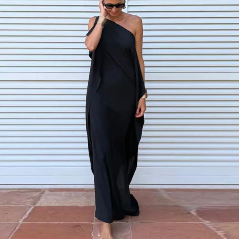 Woman Evening Dresses Elegant Inclined Shoulder Hollow Solid Asymmetric Dress Spring Summer Skew Collar Backless Slit Long Dress