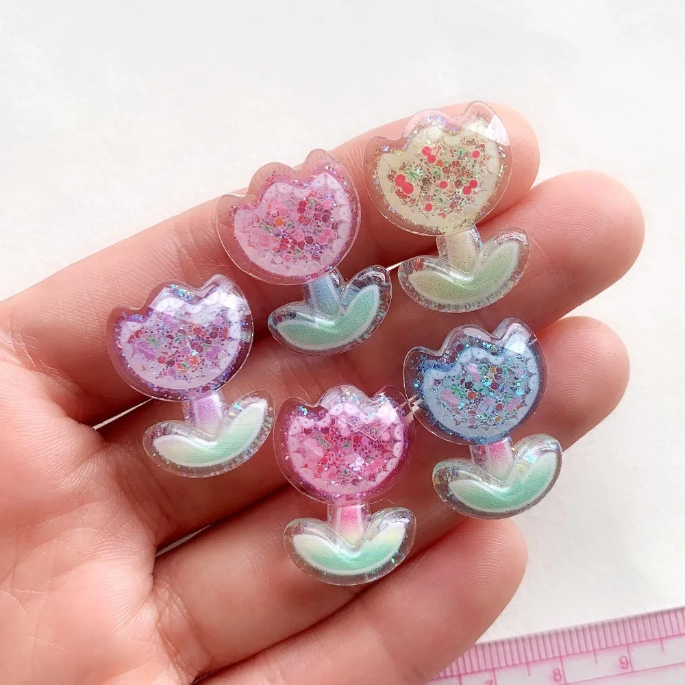 10pcs Cute Cartoon Kawaii Tulip Flower Flat Back Resin DIY Scrapbooking Cabochons Decoration Accessories