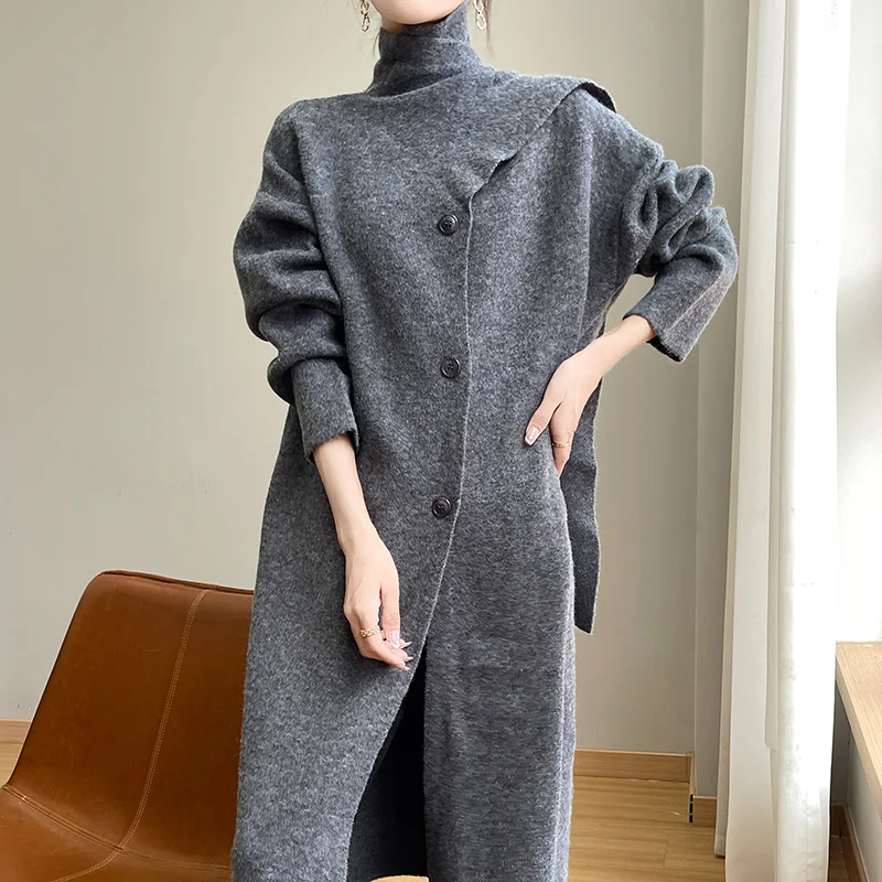 2024 Autumn and Winter New Women's Knit Coat Fashion Andy Velvet Comes with Shawl Stand Collar Coat Loose All-Matching Sweater