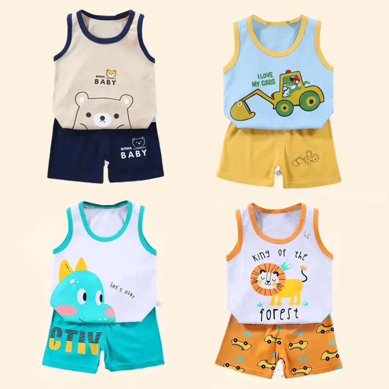 2PCS Children Clothing Vest Suit Children\'s Sets Summer Cotton T-Shirts Shorts Boys Girls Sleeveless Kids Clothes for baby