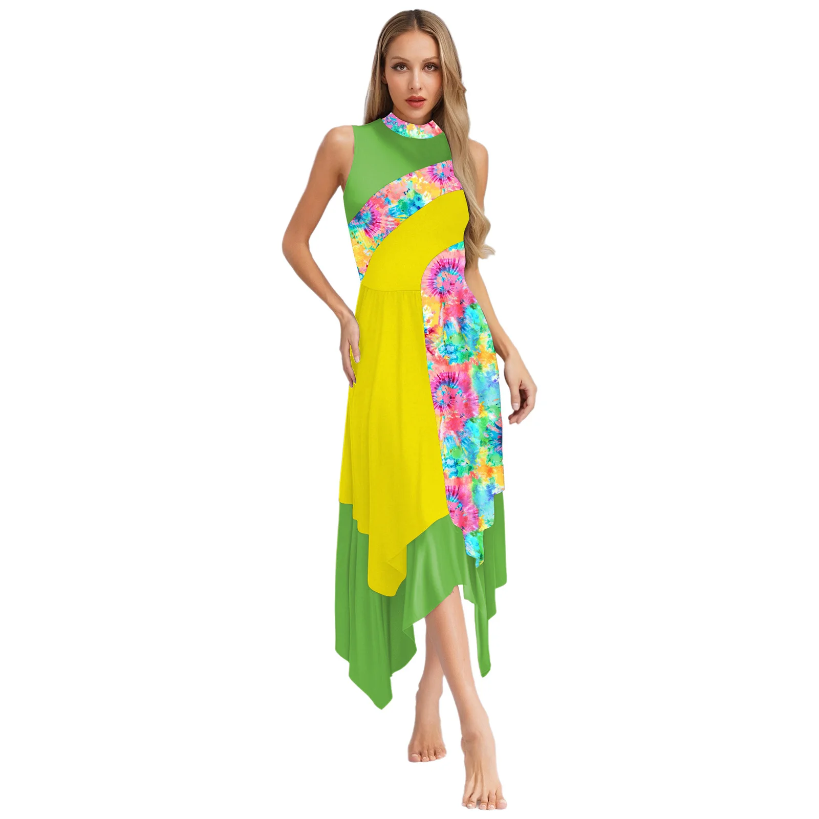 

Women Worship Praise Liturgical Dress Mock Neck Sleeveless Asymmetrical Tunic Long Dress for Lyrical Ballroom Dance Costume