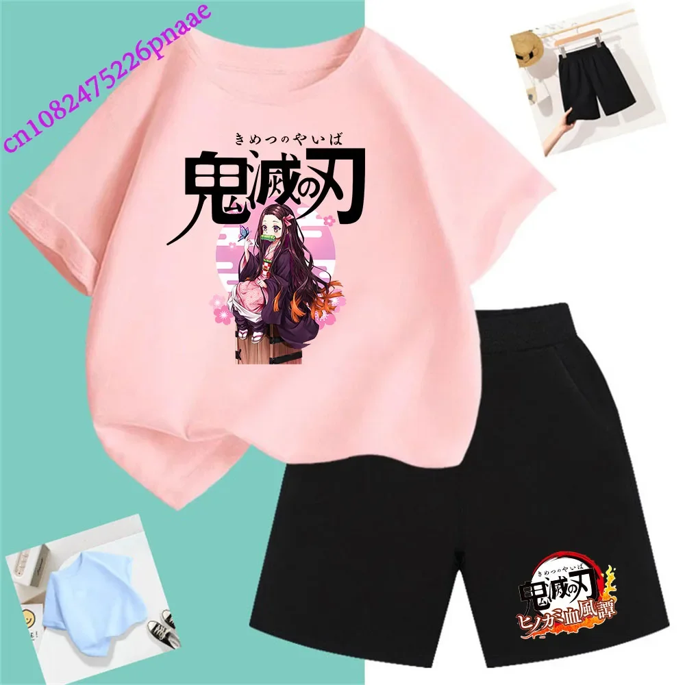 Demon Slayer t shirt Fashion Summerdress2024 Short Kid Short T-shirt Baby Tee Sets Fashion Casual O-neck Breathable KawaiiShorts