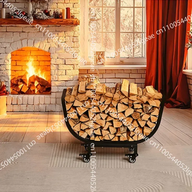 Movable Wheeled Firewood Stand, Indoor Wrought Iron Arc Fireplace, Firewood Storage Rack, Household Rack