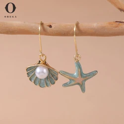 Obega Vintage Gold Color Starfish Shell Stud Earrings for Women Small Cute Imitation Pearl Earrings Banquet Wedding Jewelry