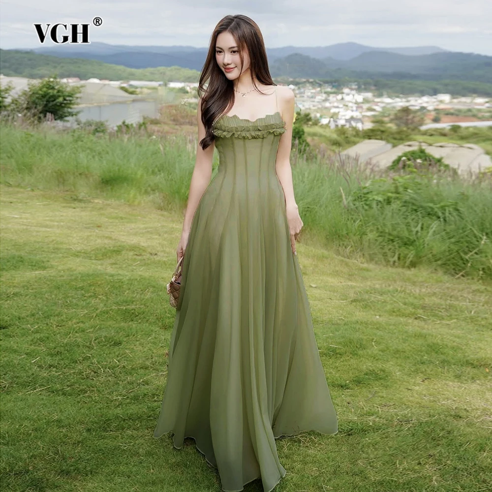 

VGH Casual Slimming Solid Spliced Folds Long Dresses For Women Square Collar Sleeveless High Waist Elegant Dress Female Fashion
