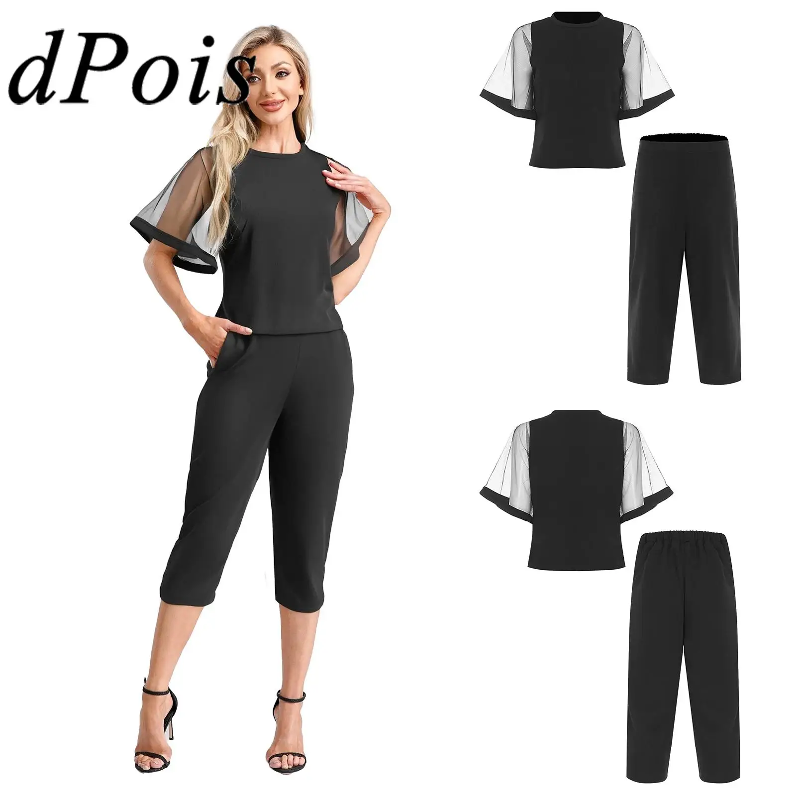 

Women Solid Color Clothes Sets Mesh Sleeves Tops with Elastic Waistband Wide Leg Pants Two-pieces Set for Banquet Commute Work