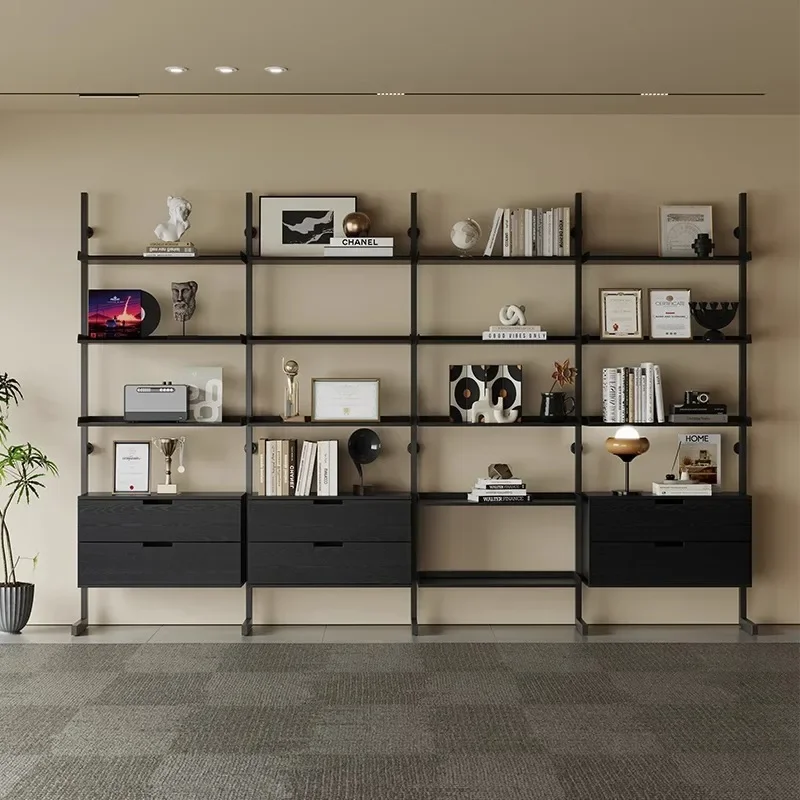Solid wood display cabinet, bookshelf integrated against the wall, office household 2024 floor-to-ceiling file cabinet, layered