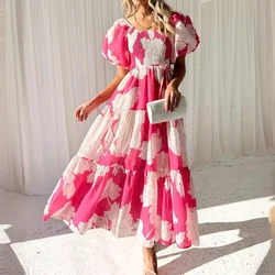 High Quality 2024 Spring Summer Collection One Shoulder Cake Skirt Printed Long Dress Bubble Sleeves Elegant Dress 