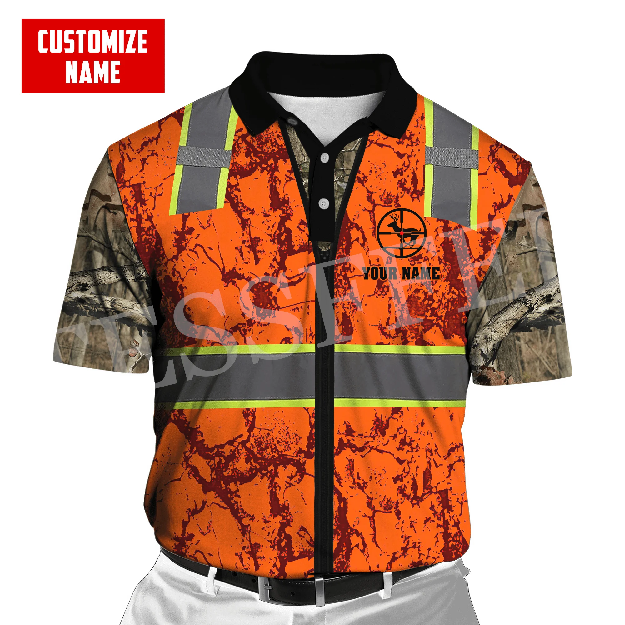 

Custom Name Deer Hunting Animal Hunter Camo Cosplay Tattoo Retro 3DPrint Summer Casual Polo Shirts Short Sleeves Streetwear X2