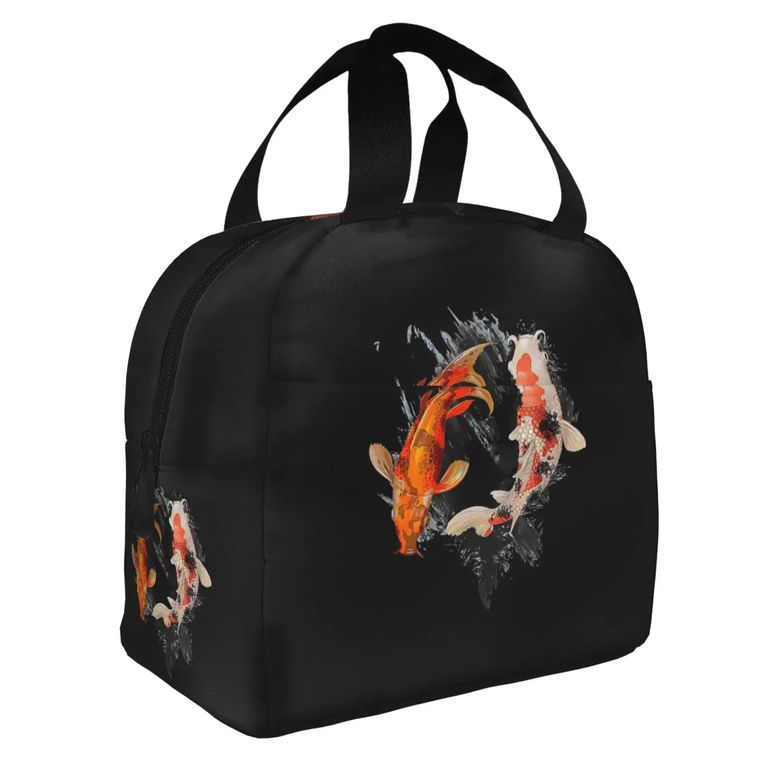 Japanese Watercolor Colorful Koi Print Lunch Tote Bag Insulated Leakproof Lunch Box Container with Front Pocket for Girls Boys