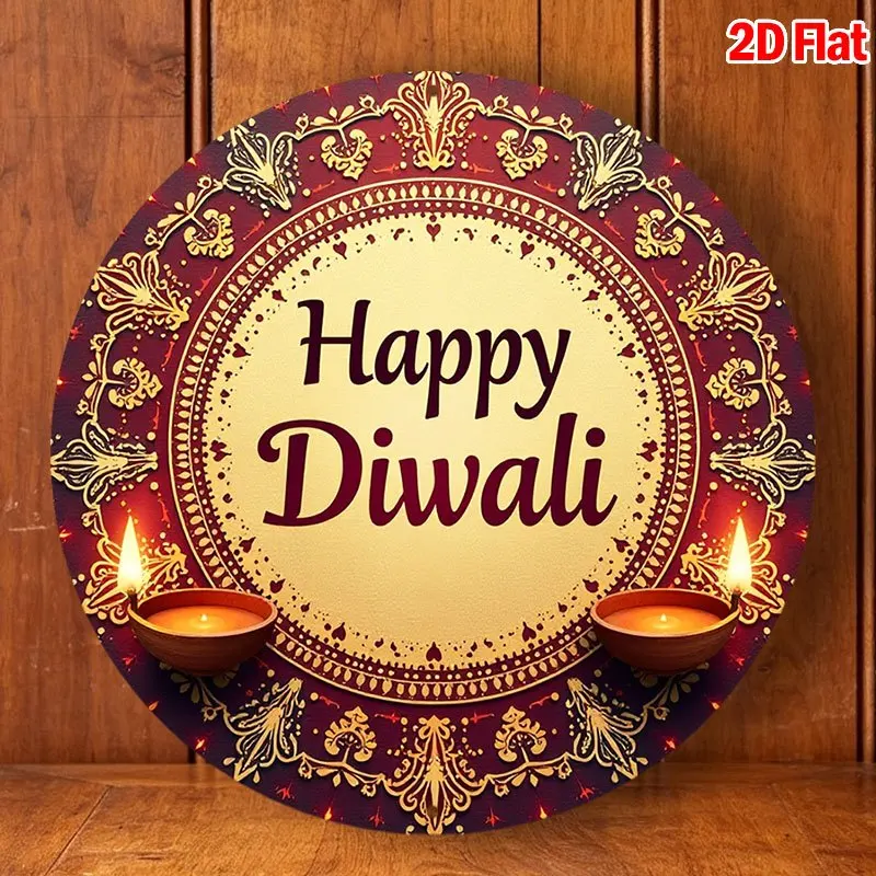 CIFBUY Vintage Happy Diwali Golden Mandala Oil Lamps Sign, Aluminum Wall Art Waterproof Wear Resistant Round Metal Plaque for Ho