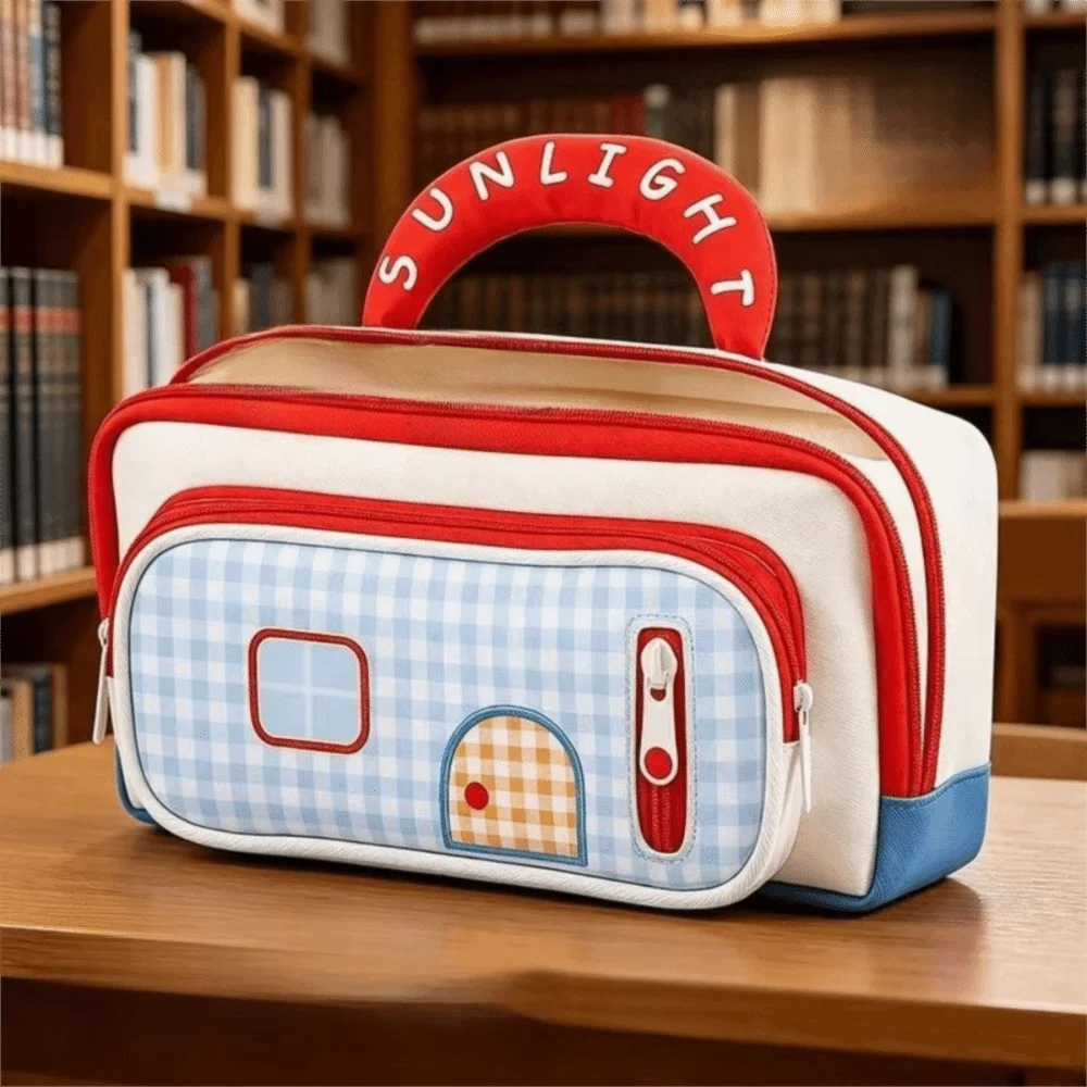 High Appearance Large Capacity Pencil Pouch House Design Color-Blocked Pencil Case Portable Handle Pen Bag School Supplies