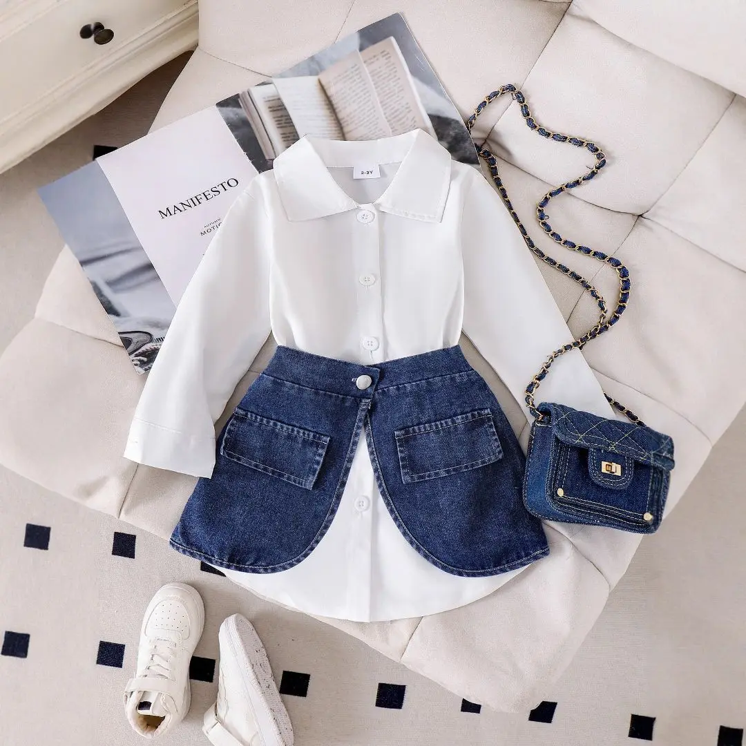 

White Blouse and Blue Denim Skirt Sets Kids Fashion Shirt Dresses For Girls Turn-Down Collar Individuation Children Clothing