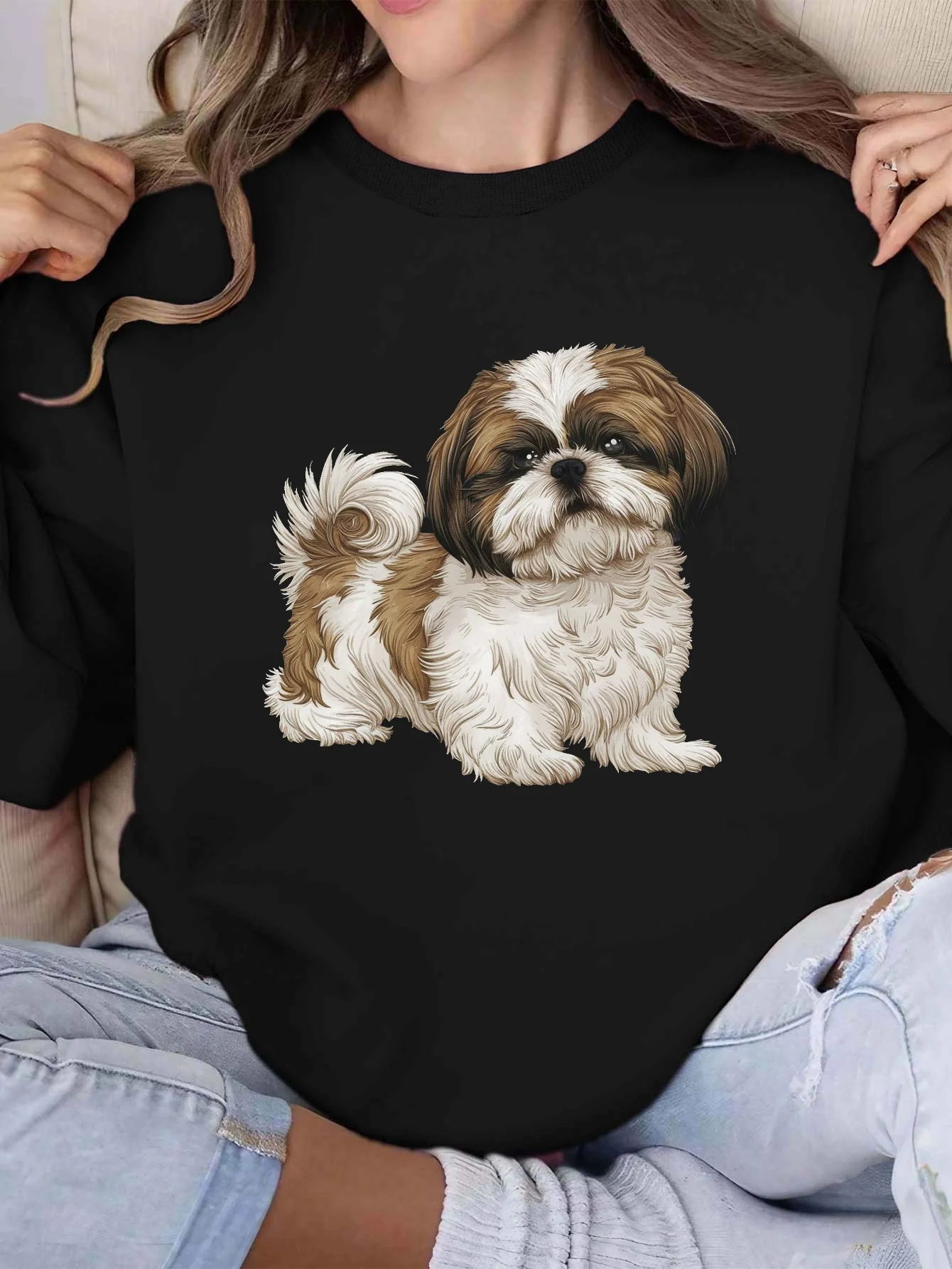 Sudadera con cuello redondo y patrón Shih Tzu para mujer, jersey informal no elástico, ajuste Regular, otoño e invierno, cómoda para perros