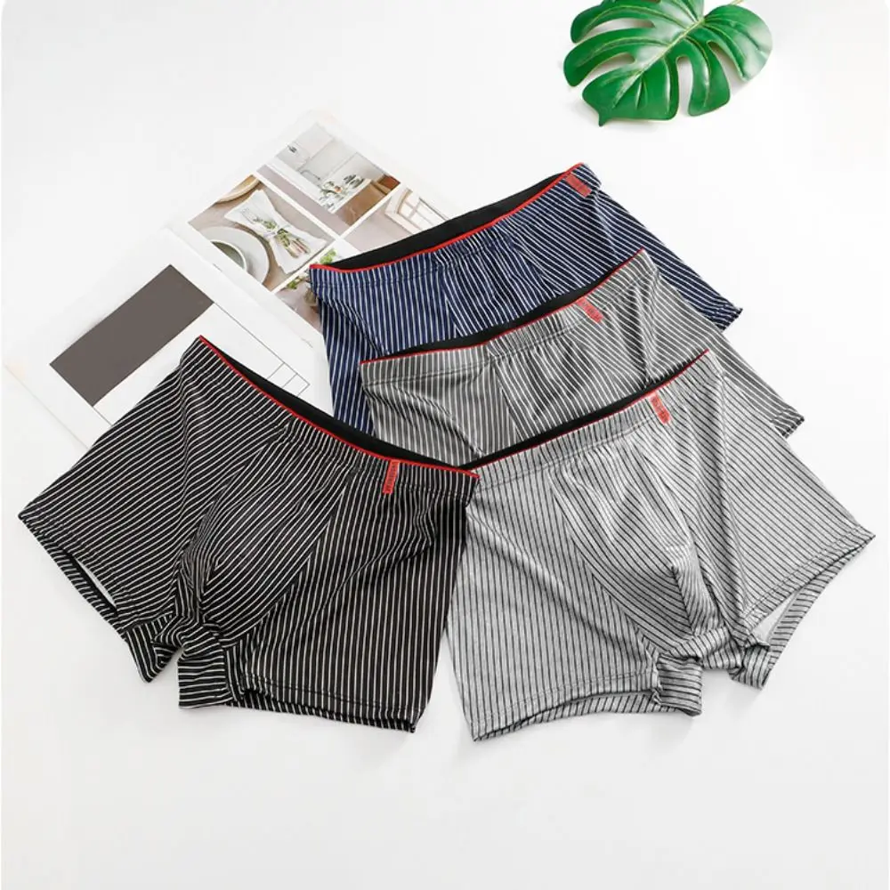 4PCS Comfortable Stripe Men's Flat Panties Large Size Loose Men Boxer Underpants Low Waist Underwear for Man Male