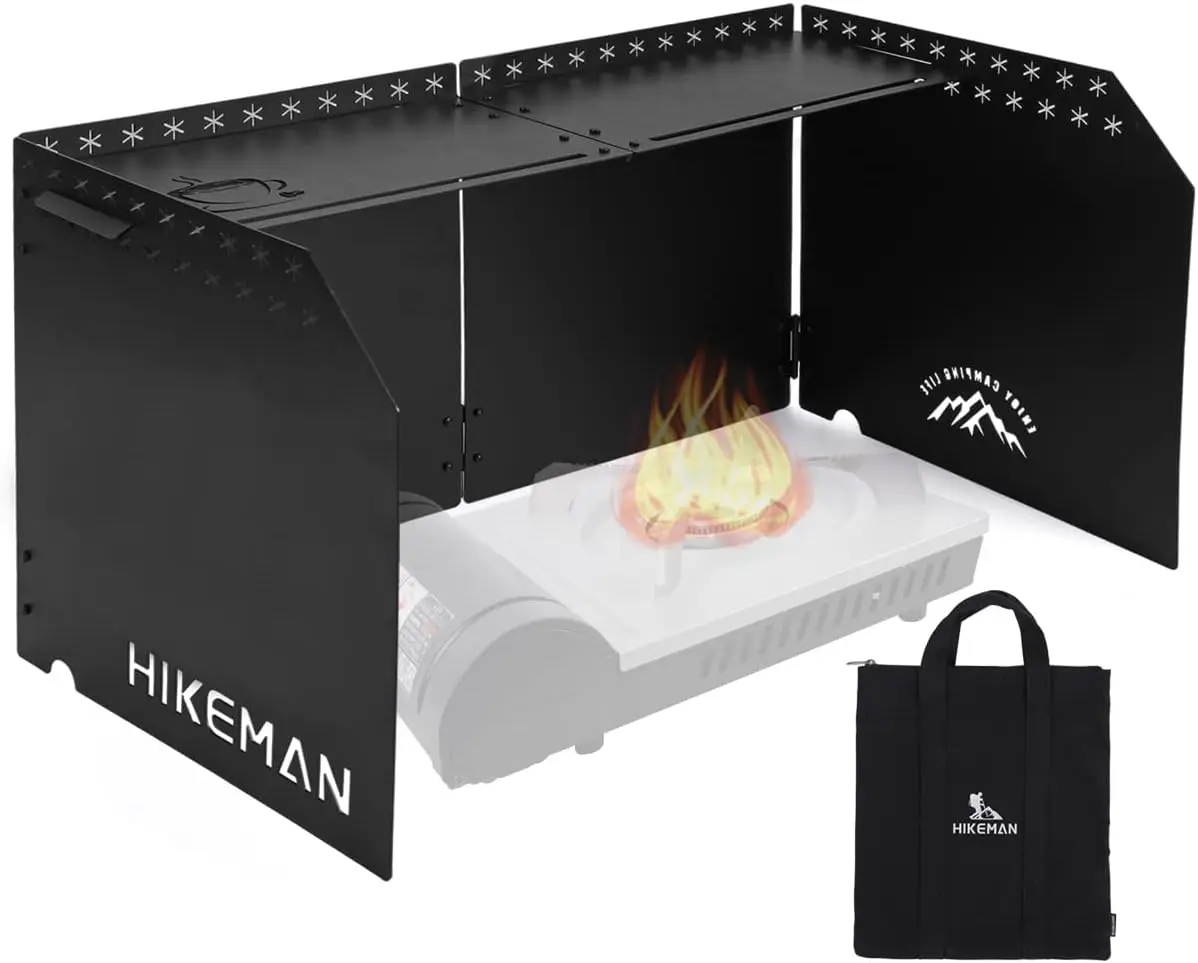 

HIKEAMN Camping Stove Windscreen - Folding Gas Stove Windshield with Storage Bag, Black