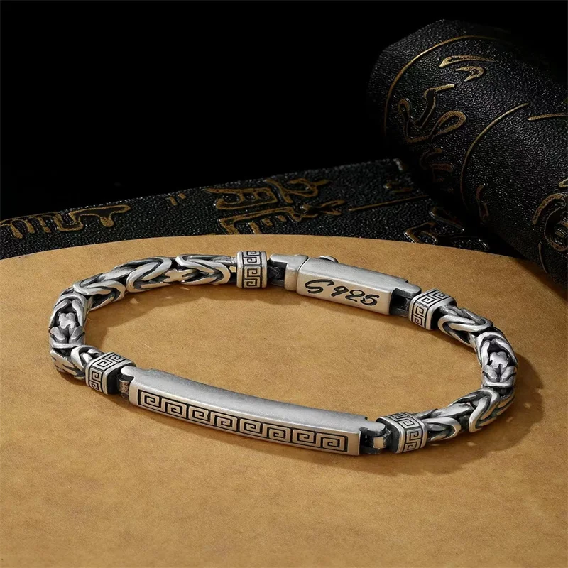 

S925 Sterling Silver Bracelet Embossed Retro Bracelet Men's Fashion National Style Old Art Punk Couple Gift