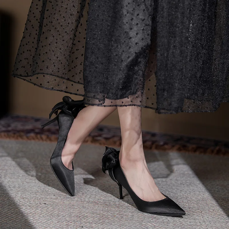 New Pointed High Heels, Thin Heels, Shallow Mouth Bow, Fashionable Silk Single Shoes, French Bridal Wedding Shoes