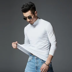 Men's High Neck Thin Slim Turtleneck Long Sleeve Tops Pullover T-Shirt Solid Korean Simple Tees Undershirt Casual Male T-shirt