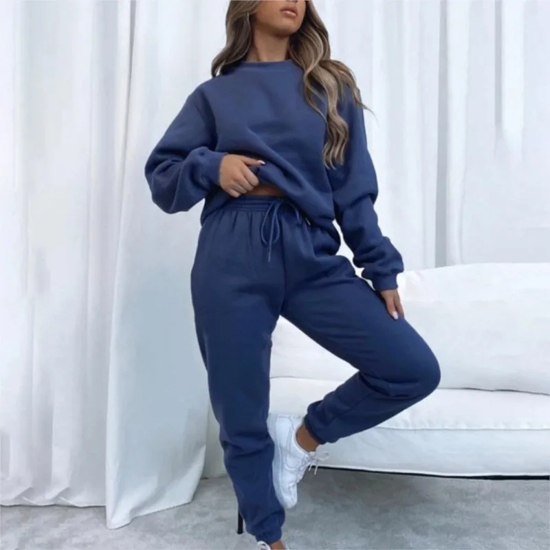 

Women's Solid Color O-neck Sports Suit Long Sleeve Pullover Top Female Casual Wear Pocket High Waist Pants Two Piece Sets