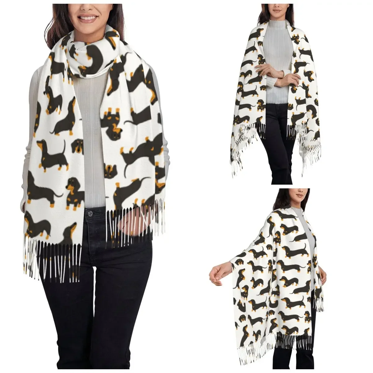 Women's Scarf with Tassel Dachshund Large Winter Warm Shawl Wrap Gift for Animal Dog Lover Daily Wear Cashmere Scarf