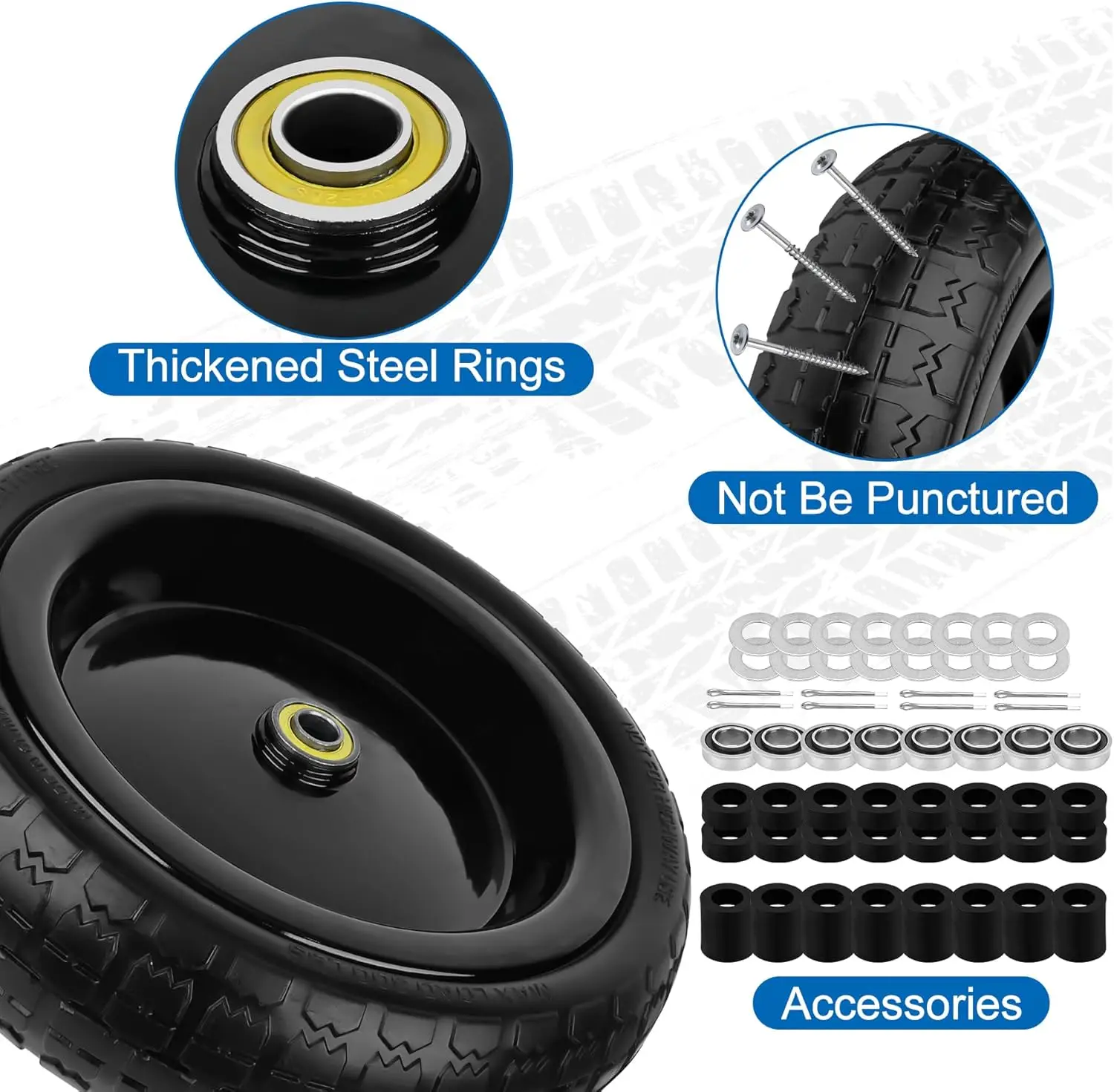 Rodas sólidas sem chapas de 13 polegadas com furo de 5/8", espaçadores e pinos para carrinho de mão, carrinho de jardim - pacote com 4