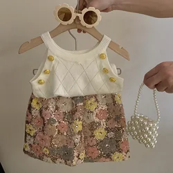 Summer Set Top 2024 New Girls Design Tank Top Flower Short Skirt Set Baby Girl Sweet Cute Temperament Clothes