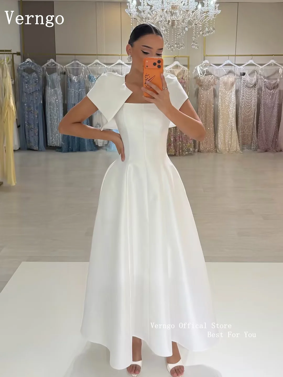Verngo Elegant Satin Wedding Dress 2 Pics A Line Bridal Gowns Women Simple Maxi Jacket Wedding Dress Customized