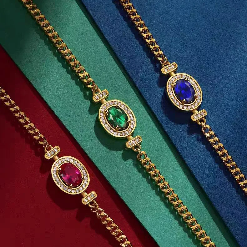 

9999 24K real gold micro-set diamond cuban thin bracelet red and green sapphire Cuban fashion women's bracelet