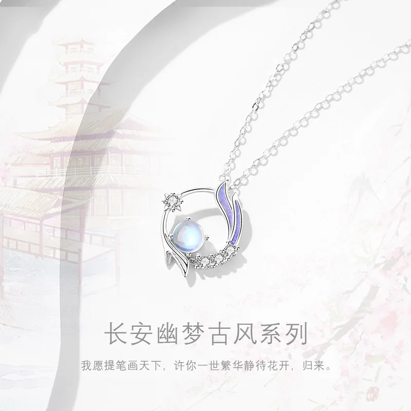 VOQ Silver Color Necklace Fantasy Moonstone Pendant Necklace Ladies Clavicle Chain High Jewelry Gift