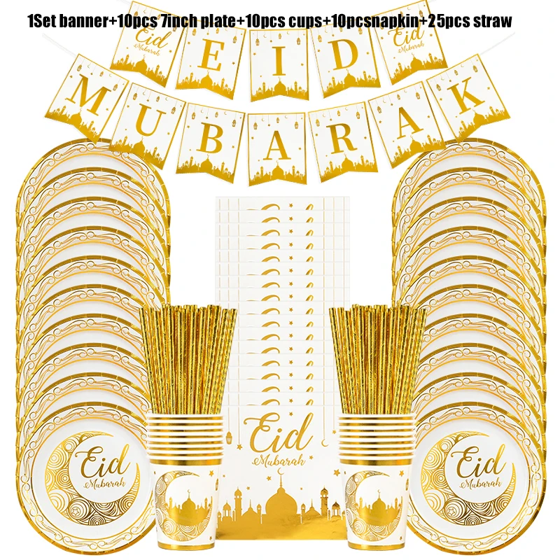    2026 Eid Mubarak Goldene Einweggeschirr Teller Pappbecher Tischdecke Banner Islamische Muslimische Party Dekoration Lieferungen