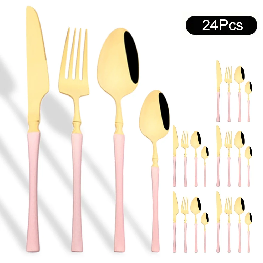 24Pcs Stainless Steel Dinnerware Set Pink Gold Cutlery Spoon Fork Knife Western Cutleri Silverware Flatware Tableware Supplies