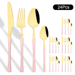 24Pcs Stainless Steel Dinnerware Set Pink Gold Cutlery Spoon Fork Knife Western Cutleri Silverware Flatware Tableware Supplies