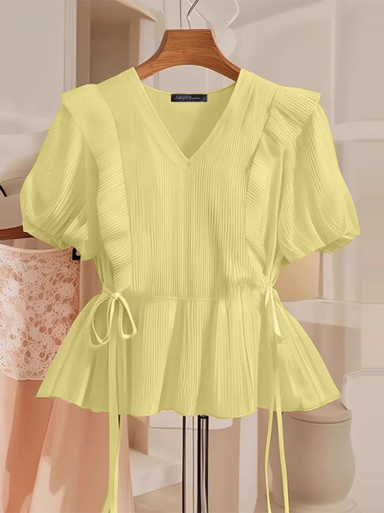 ZANZEA Casual Lace-Up Tops Women's Blouse Summer Short Sleeve Tunic 2025 Female OL Work Shirts Elegant V Neck Solid Color Blusas