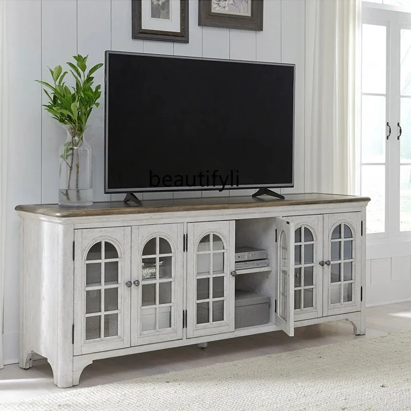 

A44 ТВ-шкаф из цельного дерева в американском стиле, небольшой шкаф для хранения в гостиной, высокий шкаф в стиле ретро, стеклянная стойка