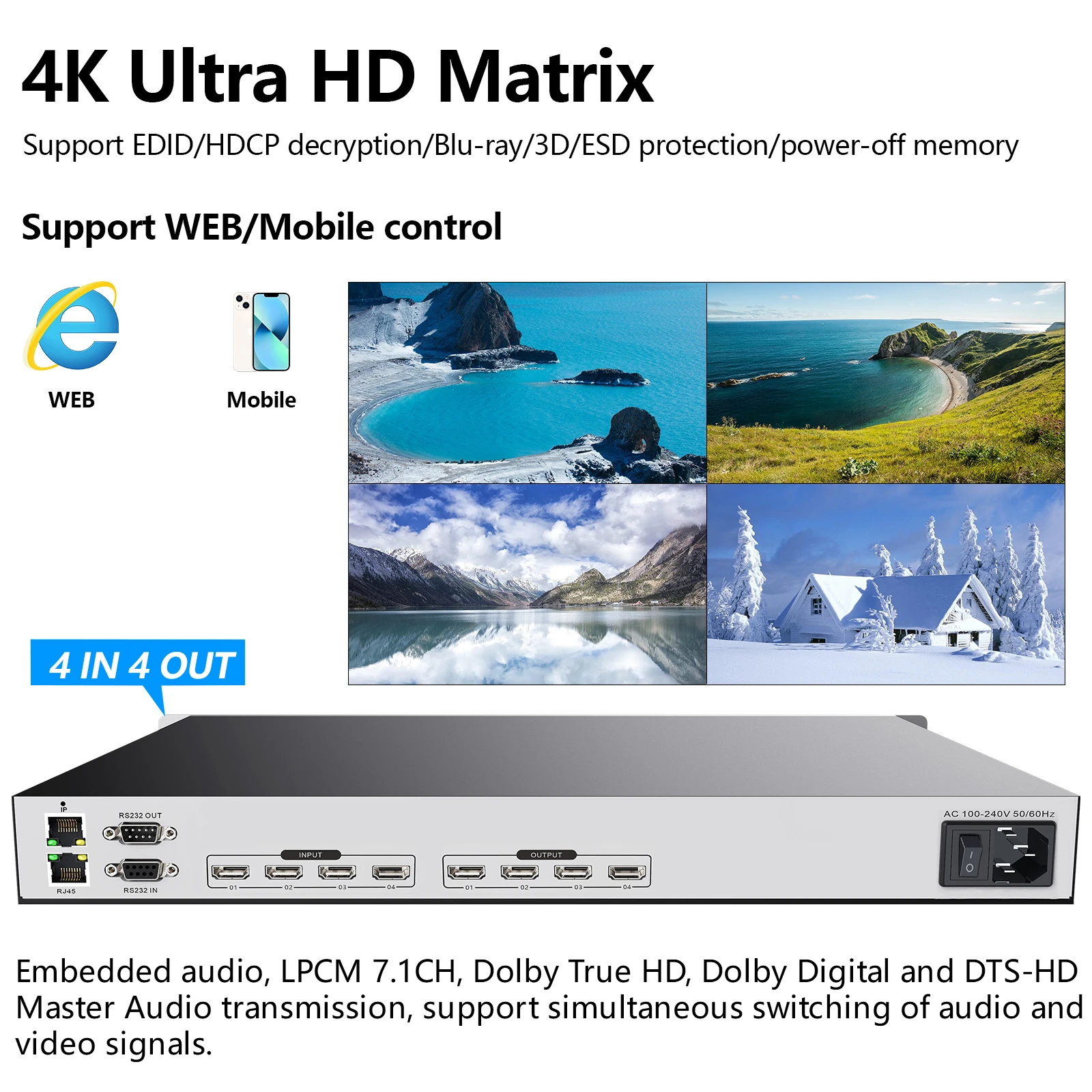 4 in 4 out Matrix Switcher 4kx2k@30Hz HDMI Matrix hdmi Switcher Support WEB Control Dolby Digital DTS-HD Master Audio Playback