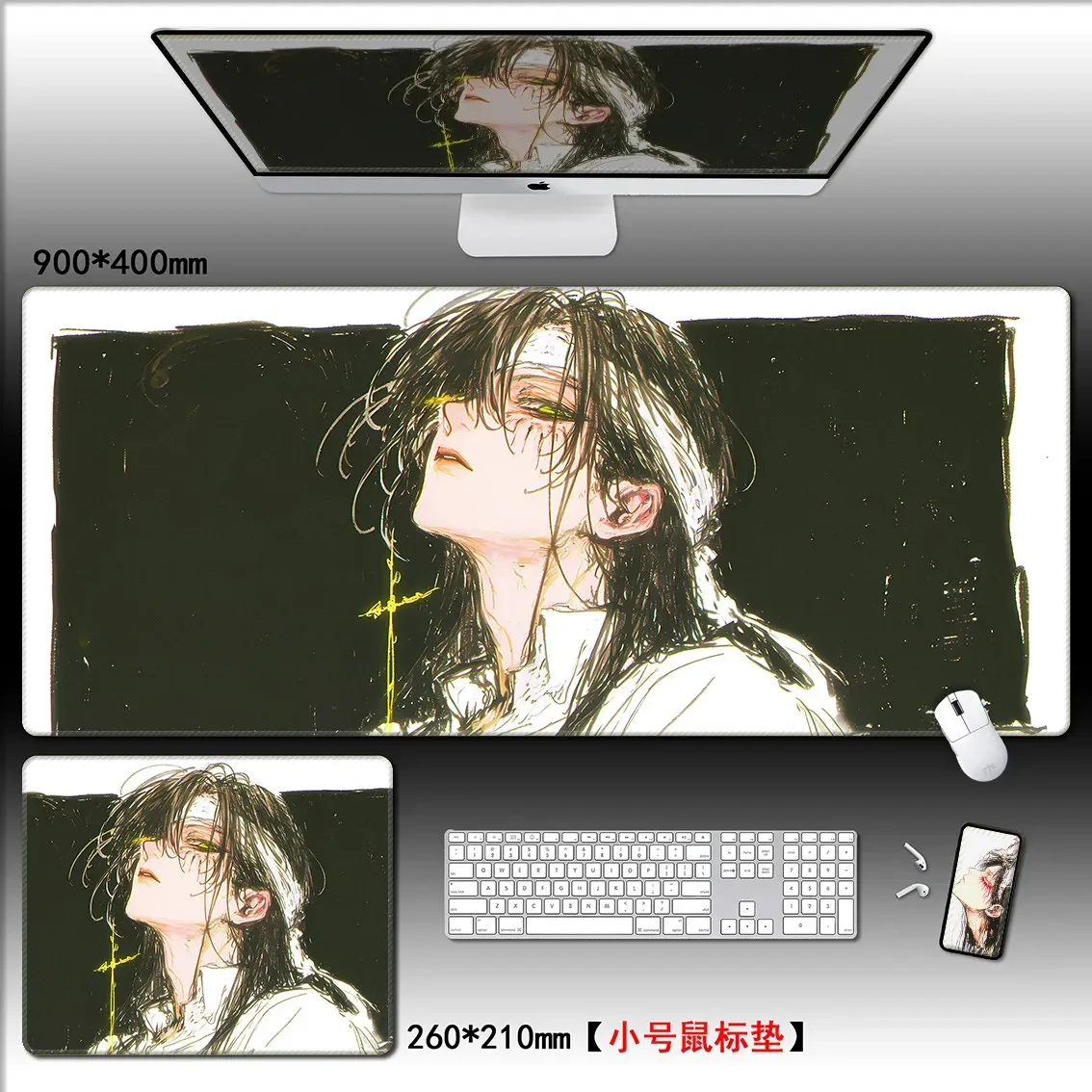 Handgetekende Anime Boy XXL PU lederen bureaumat |   Gaming grote muismat voor toetsenbord, stijlvolle cartoon E-Sports bureau decor