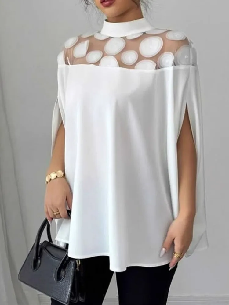 

Elegant O-neck Bat Short Sleeve Top For Women Fashion Spring Autumn Solid Color Mesh Off-shoulder Chic Loose Casual Top Female