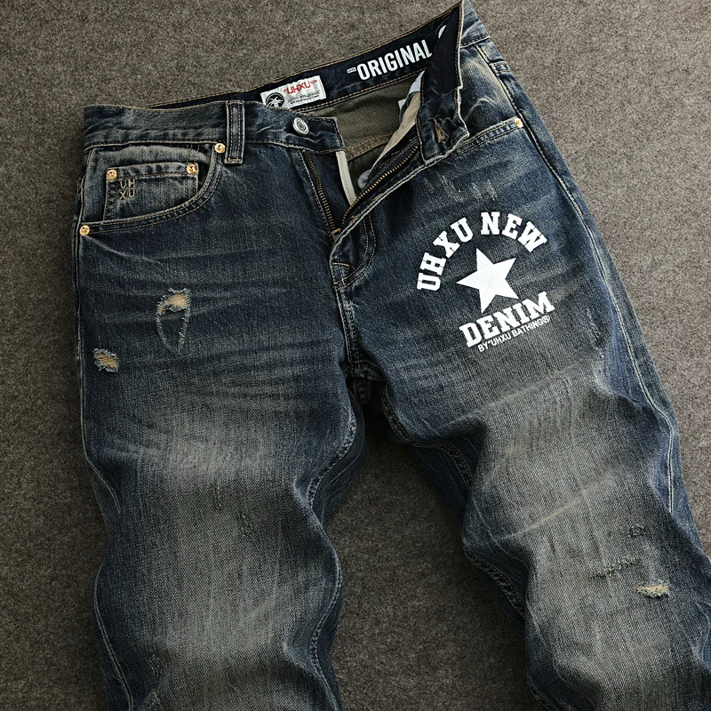 

street fashion men's jeansY2K high-quality retro washed blue straight leg split jeans men's printed retro denim pants homb