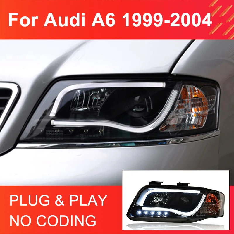 

1 Pair LED Headlight Assembly for Audi A6 1999-2004 Headlights Plug and Play with Projector Lens DRL Turning Front Head Lights