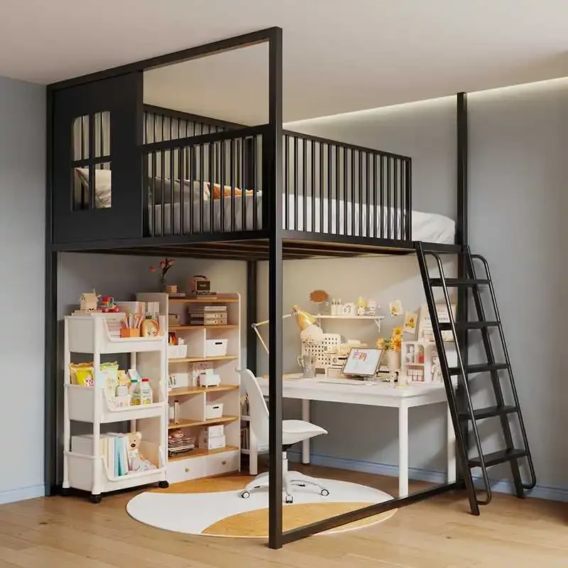 elevated sheet upper level duplex second floor space saving  lower table split level high and low floor bed