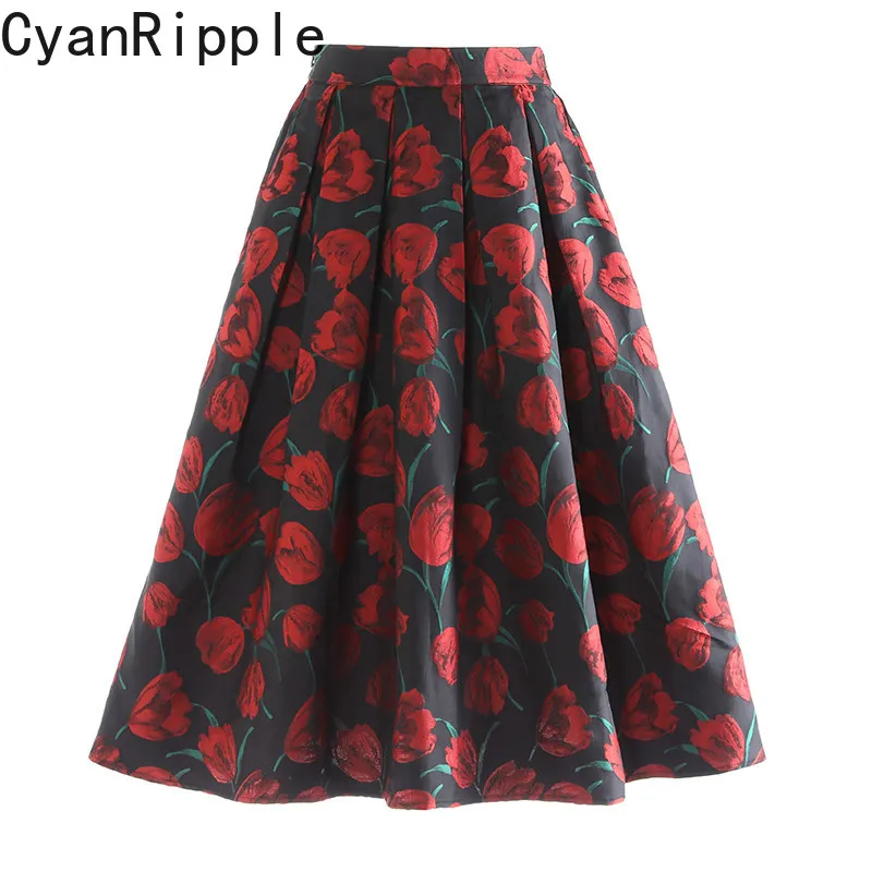 

2026 New Spring Summer Red Flowers Embroidery Jacquard Women A-line Skirt All-match Elastic Waist Mid-length Elegant Puff Skirts