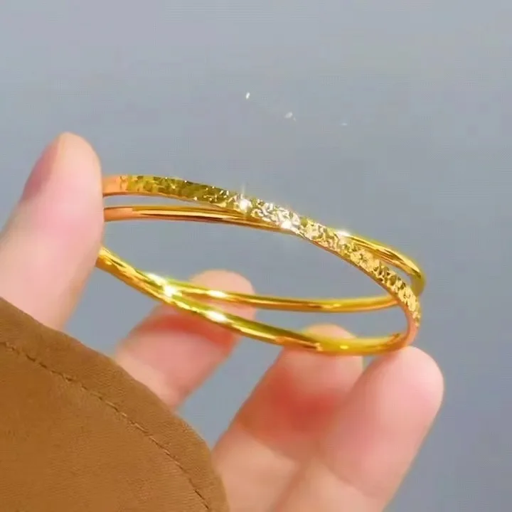 9999 gold bracelet women's internet celebrity same broken ice pattern 24K real gold fashionable versatile double ring bracelet - Image 2