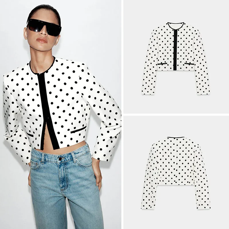 White Black Polka Dot Cropped Blazer Round Neck Black Piping Trim Long Sleeve Elegant Vintage Fashion Women Jacket Outerwear